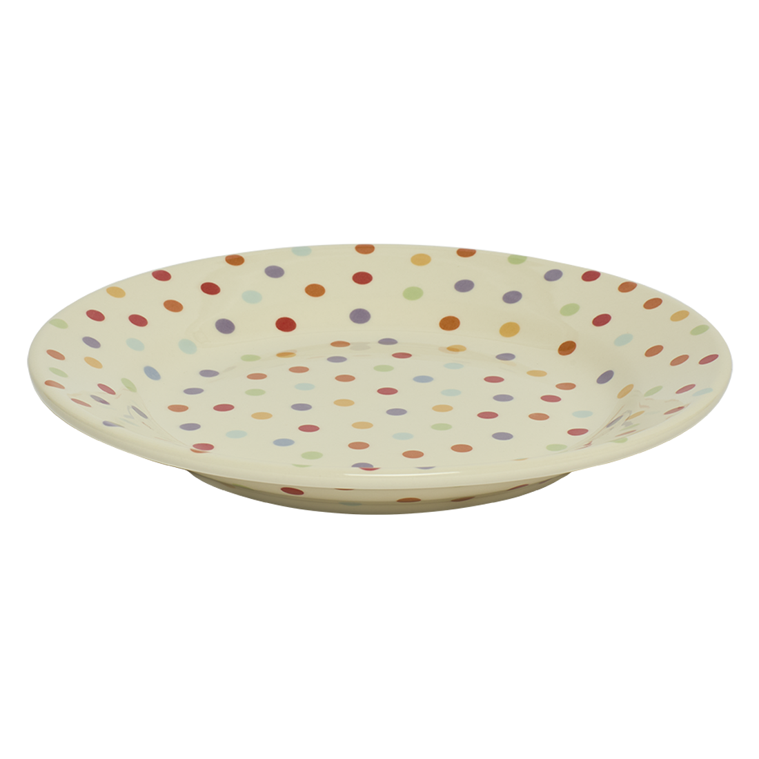 Round ceramic plate with multicolored polka dot pattern on a white background