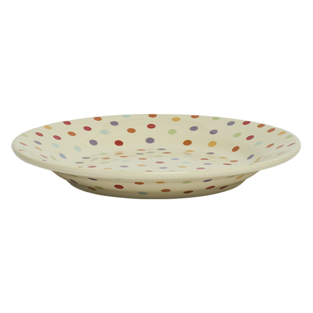 Ceramic bowl with multicolored polka dot pattern on a white background