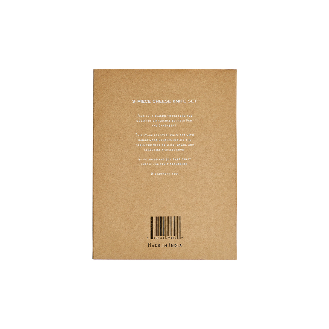 Back of a cardboard box with text and a barcode, featuring '3-Piece Cheese Knife Set' and 'Made in India'.