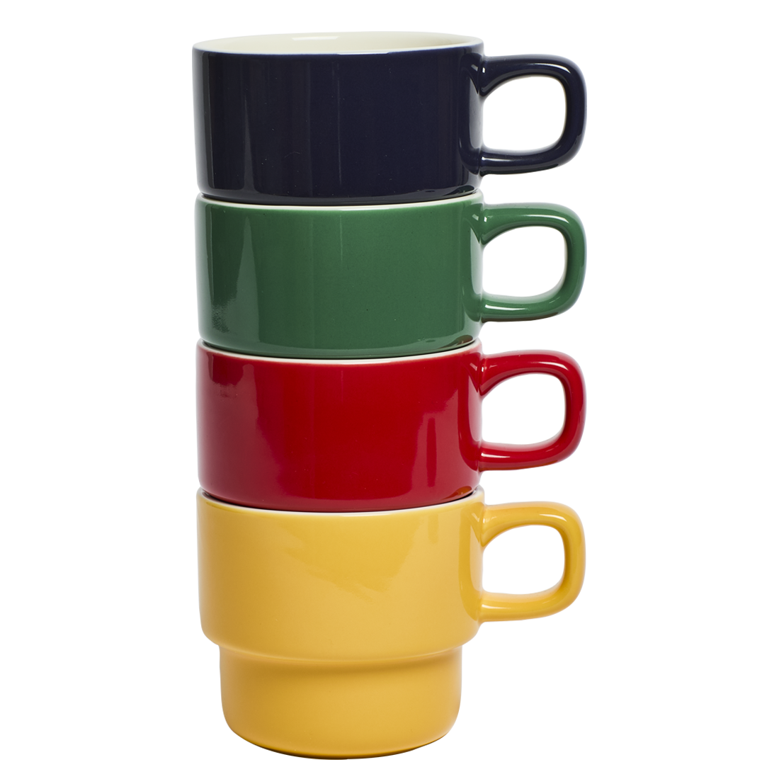 Stack of four colorful mugs in navy, green, red, and yellow on a white background