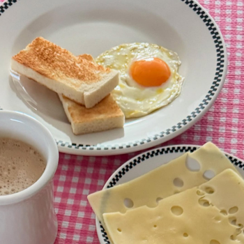 Breakfast setting with toast, egg, and cheese on a checkered tablecloth