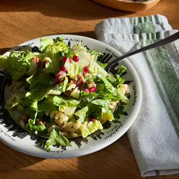 Green salad with pomegranate seeds on a white plate with a pattern, placed on a wooden table.