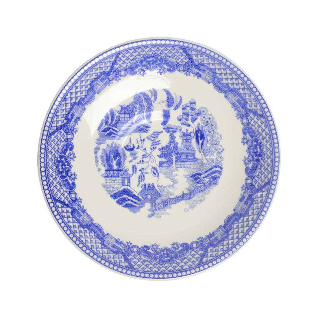 Blue and white patterned plate on a white background