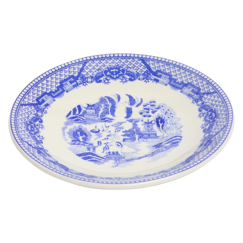 White plate with blue decorative border and central scene on a white background