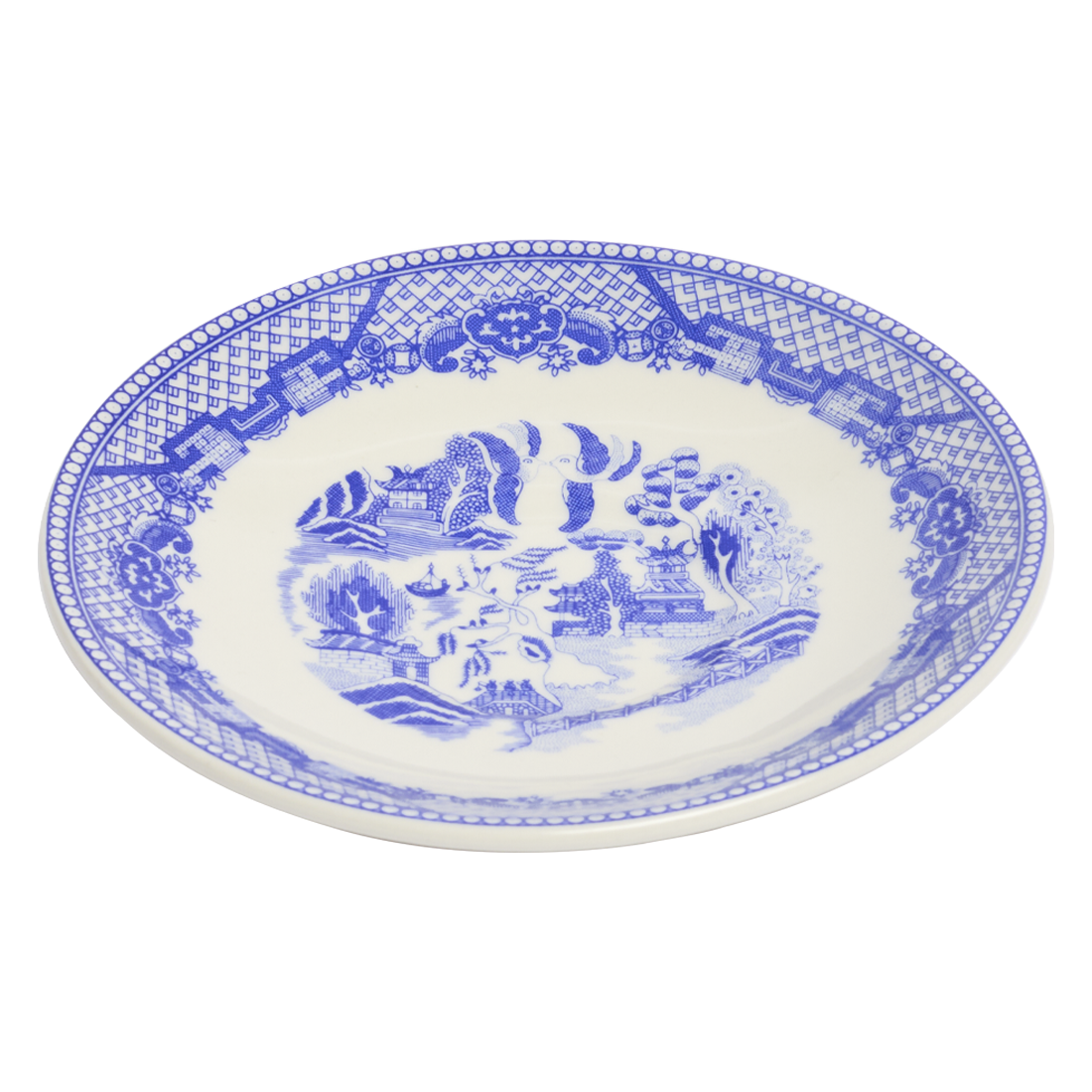 White plate with blue decorative border and central scene on a white background