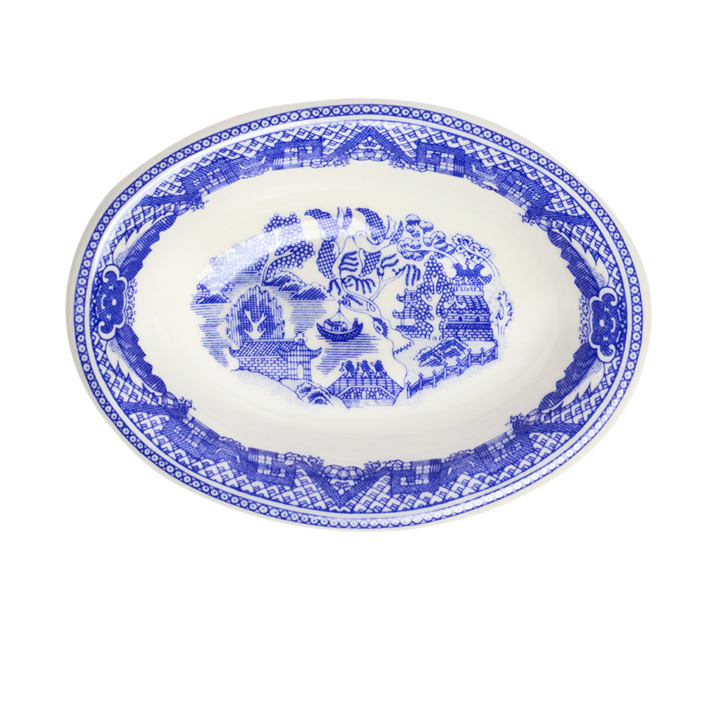 Blue Willow Deep Oval Platter with classic blue willow pattern, crafted for versatile everyday use