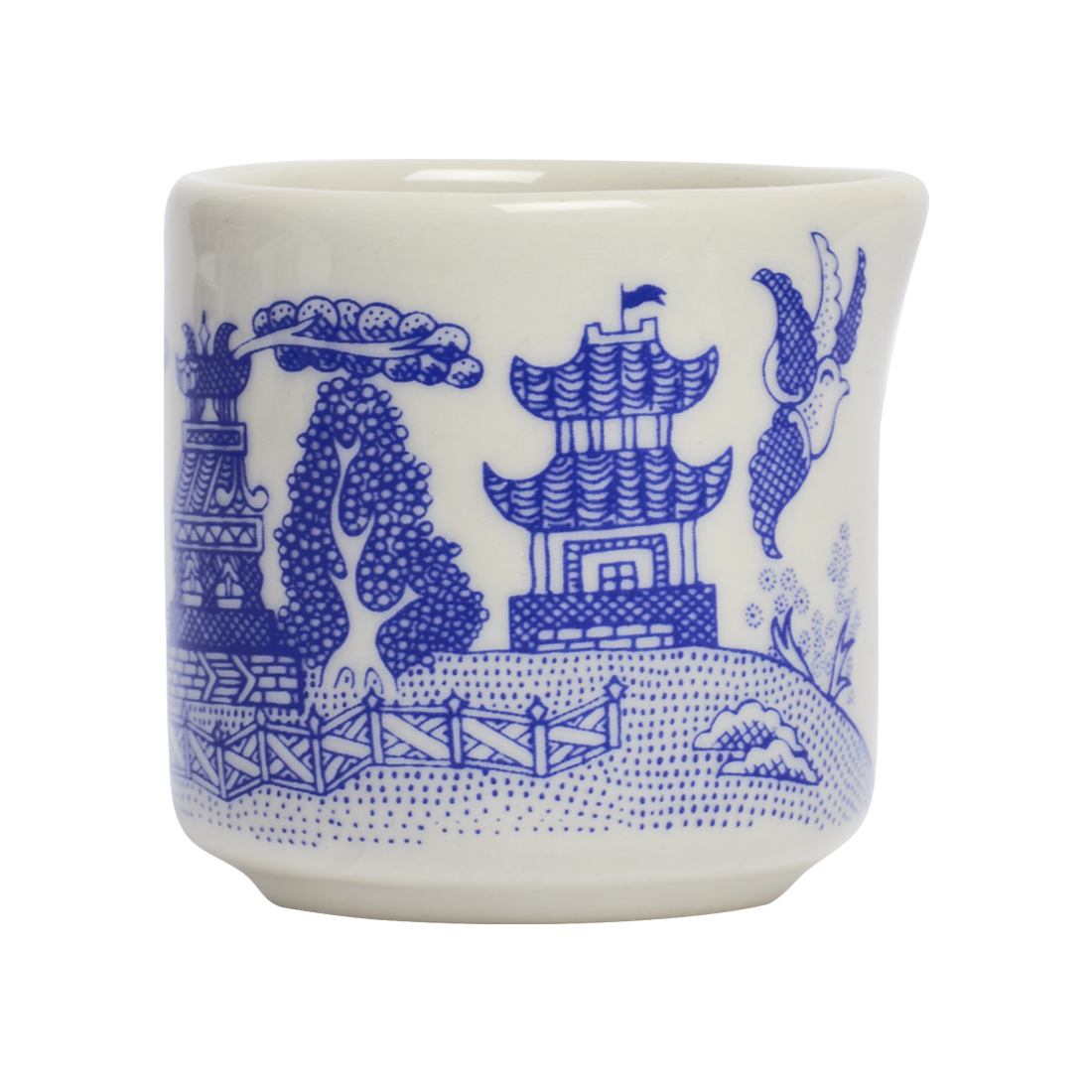 White ceramic cup with blue decorative patterns on a white background