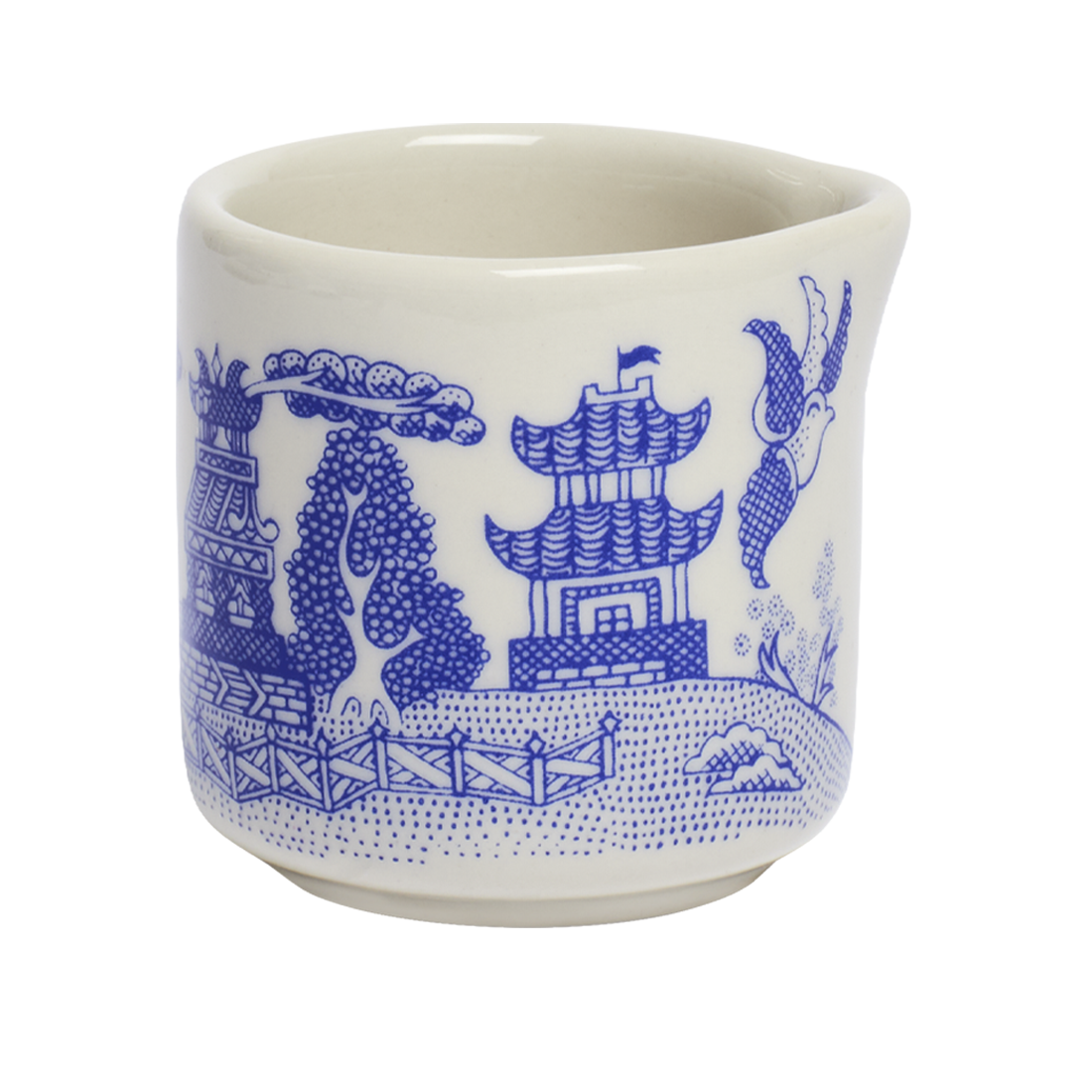 White ceramic cup with blue decorative patterns on a white background