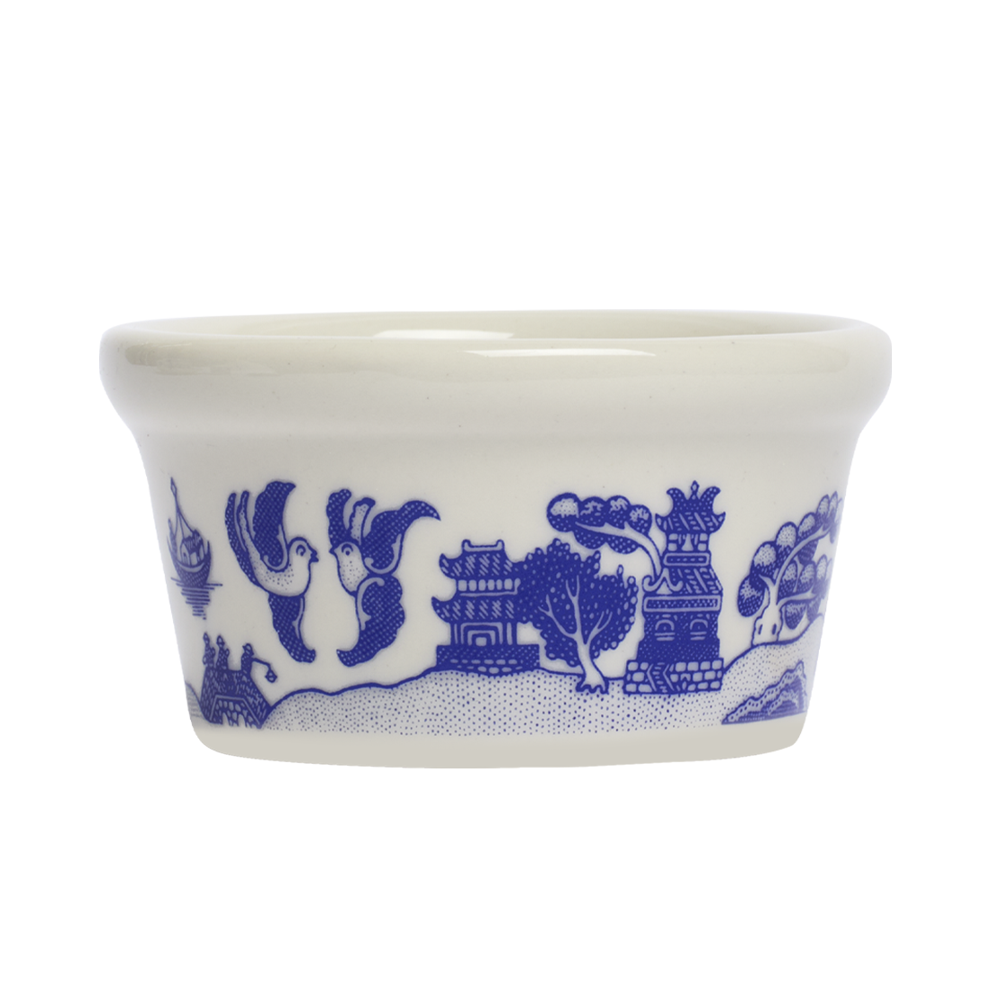 White bowl with blue decorative patterns on a white background