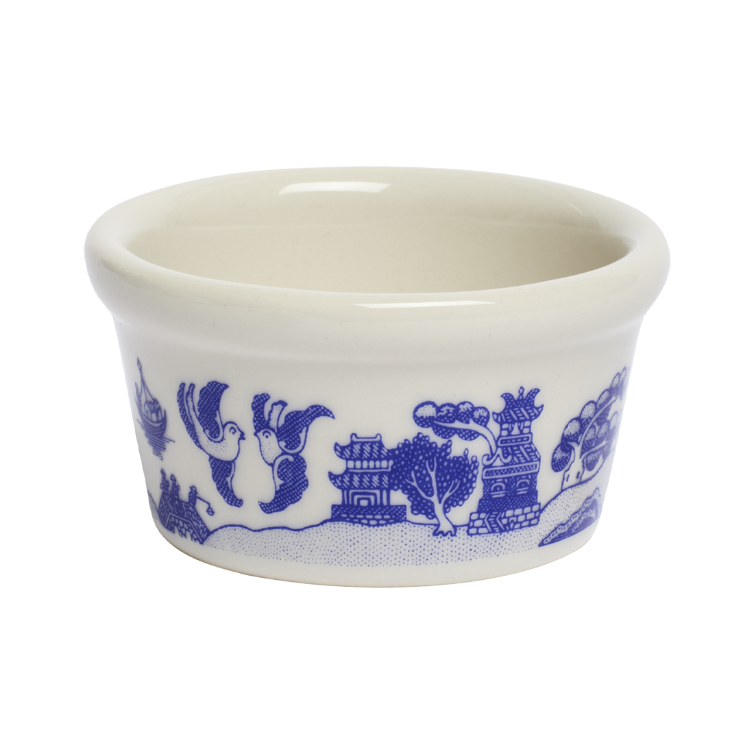 White ceramic bowl with blue decorative patterns on a white background