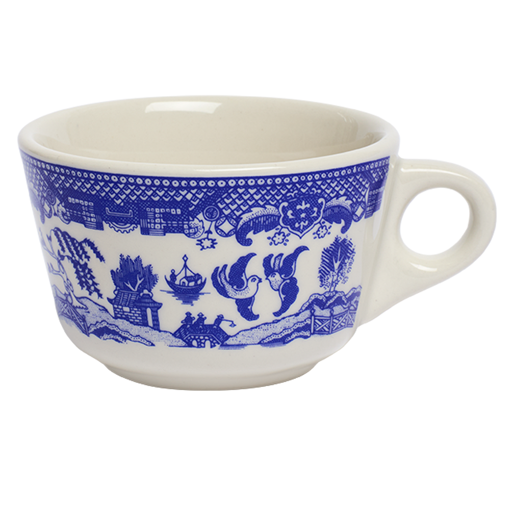 Close-up of Blue Willow Coffee Cup 6.4oz, cup with Blue Willow pattern