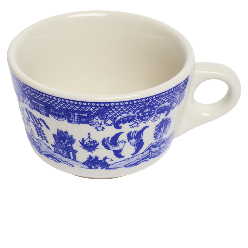 Side view of Blue Willow Coffee Cup 6.4oz by Fishs Eddy, cup perfect for coffee, tea, and everyday use