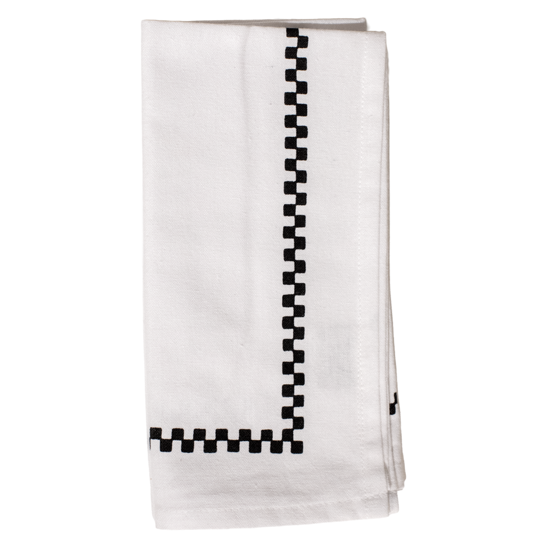 White towel with black checkered border on a white background