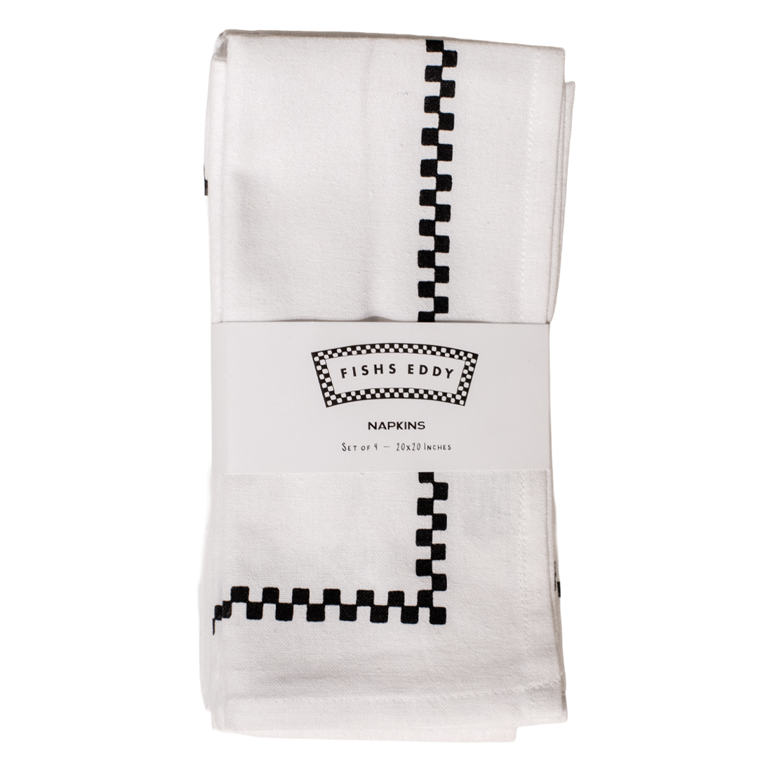 Folded white napkins with black checkered pattern and 'Fishs Eddy' branding on a white background