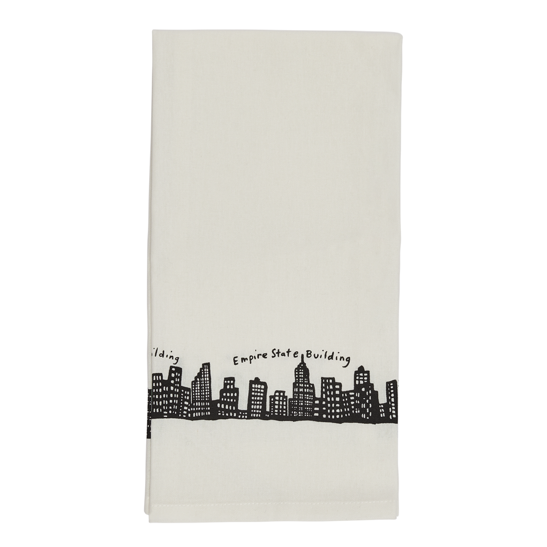 White towel with black cityscape design and text on a white background