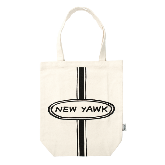 Tote bag with 'NEW YAWK' text and design on a white background