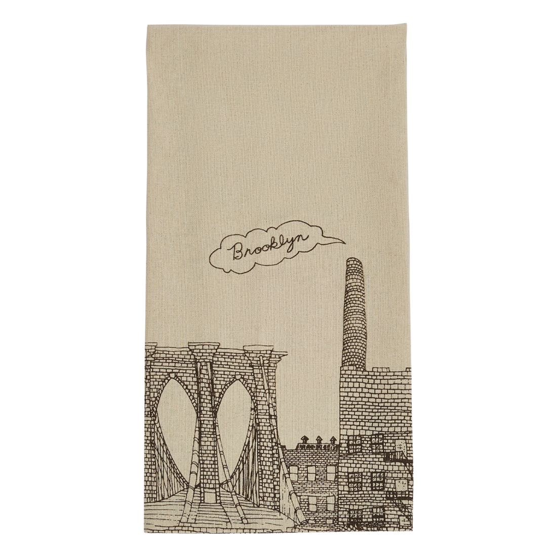 Brooklyn tea towel with brown line artwork of the Brooklyn Bridge and city buildings on natural cotton, perfect for kitchen styling and borough themed gifts