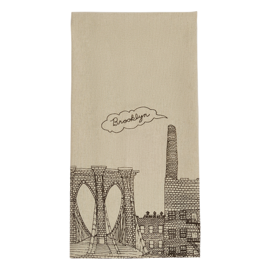 Brooklyn tea towel with brown line artwork of the Brooklyn Bridge and city buildings on natural cotton, perfect for kitchen styling and borough themed gifts