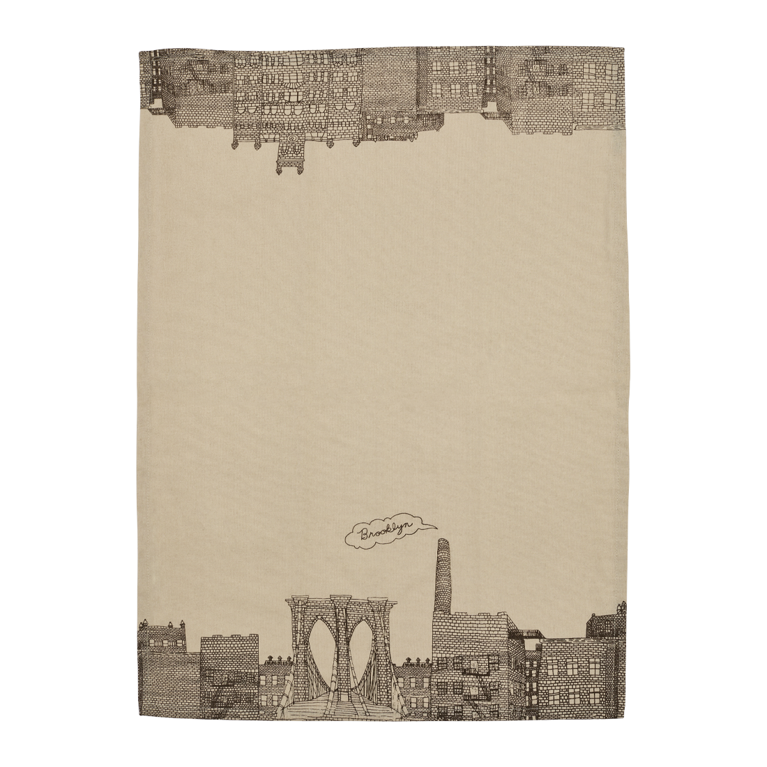 Full view of the Brooklyn tea towel featuring illustrated bridge and building details, a practical kitchen towel with classic NYC character