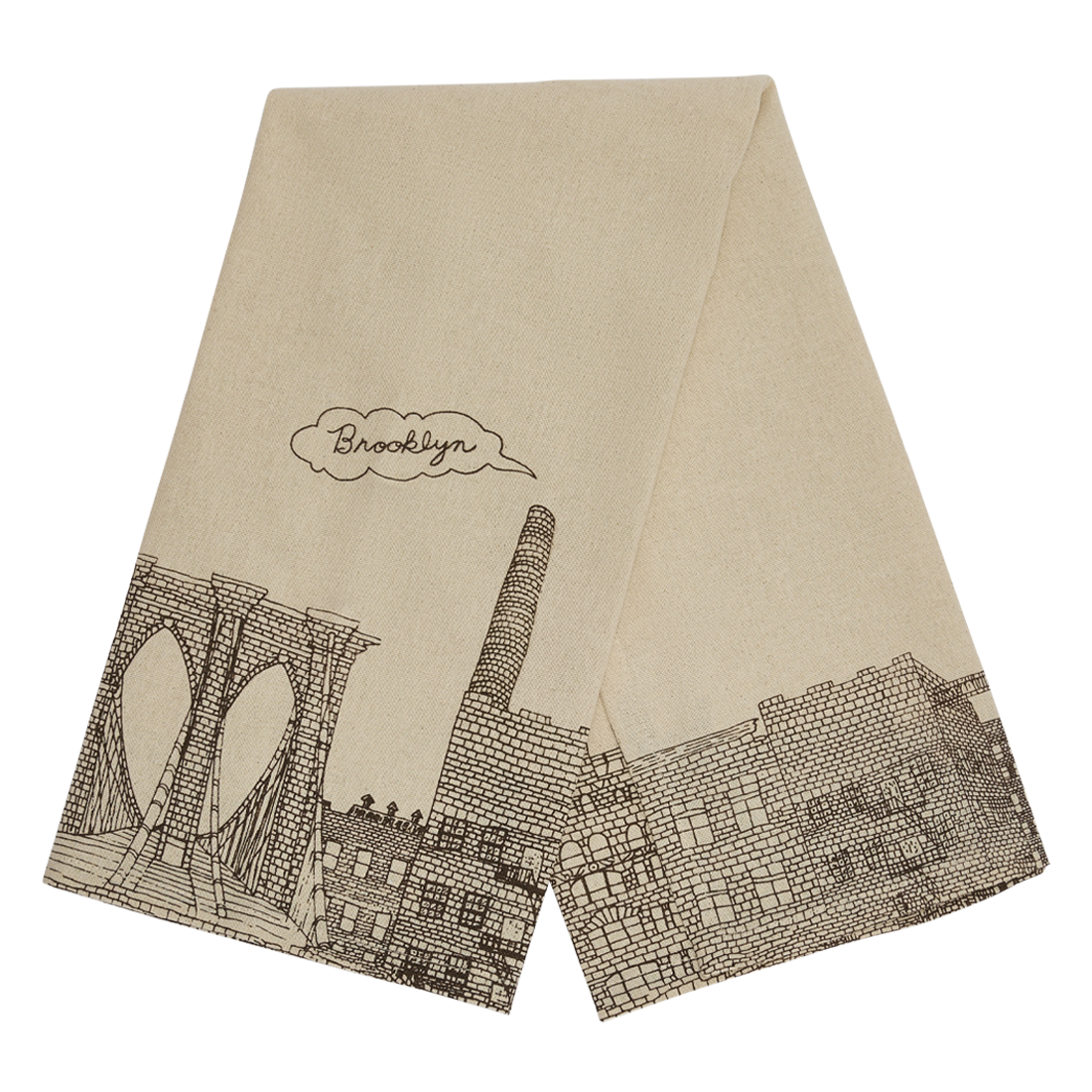 Folded Brooklyn tea towel with hand drawn bridge and neighborhood artwork, ideal for drying dishes, lining baskets, or gifting to Brooklyn lovers