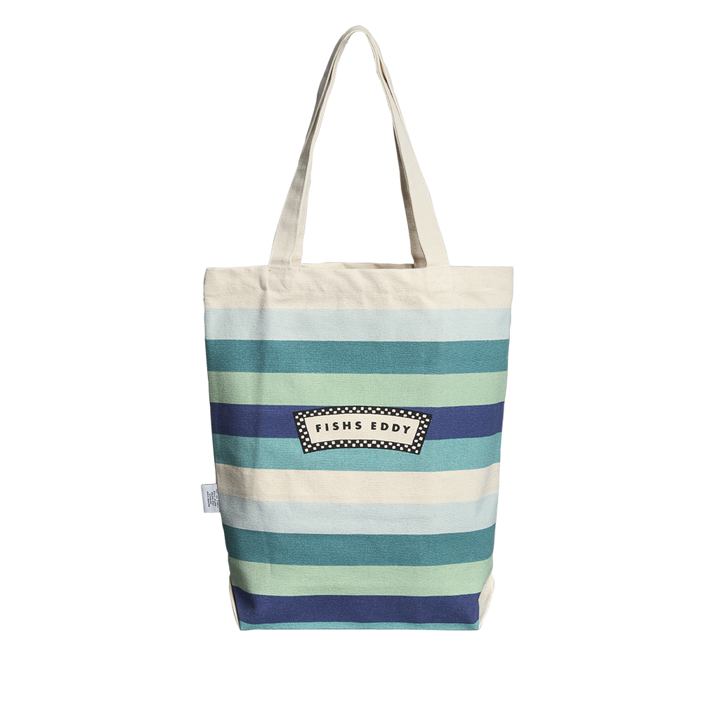 Striped tote bag with 'Fish's Eddy' logo on a white background