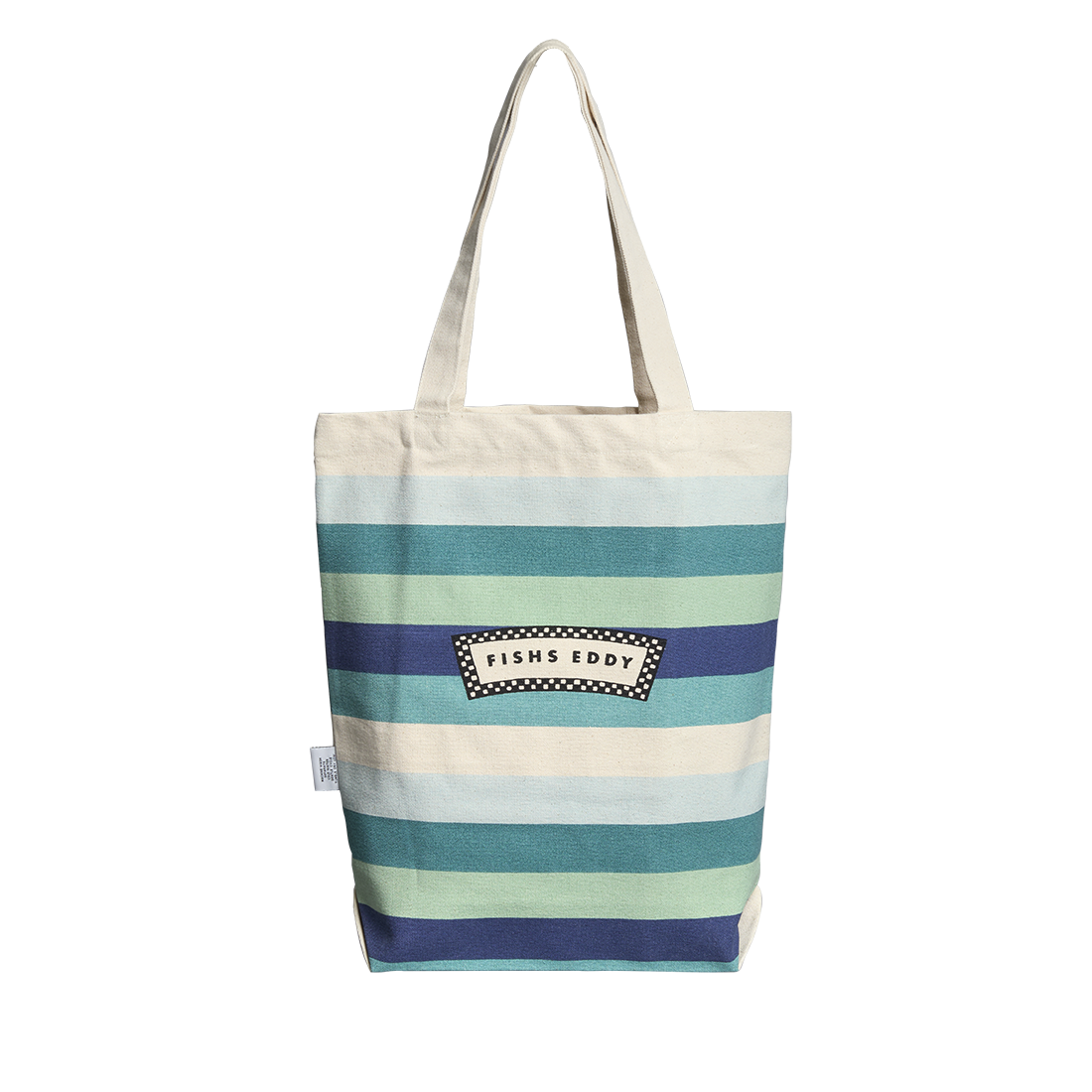 Striped tote bag with 'Fish's Eddy' logo on a white background