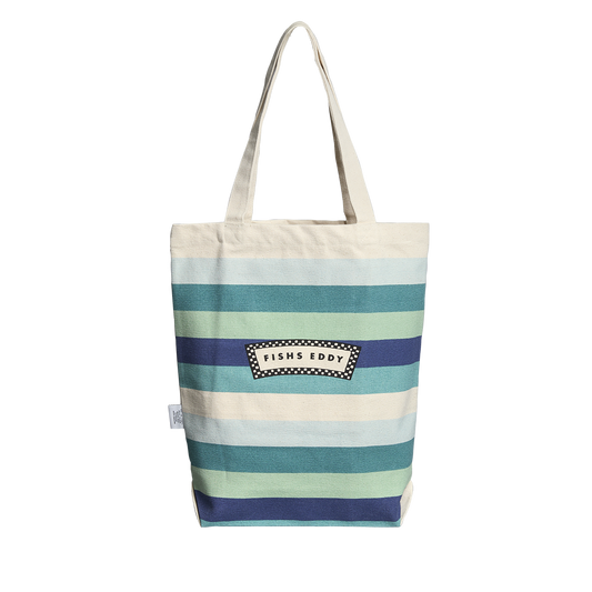 Striped tote bag with 'Fish's Eddy' logo on a white background