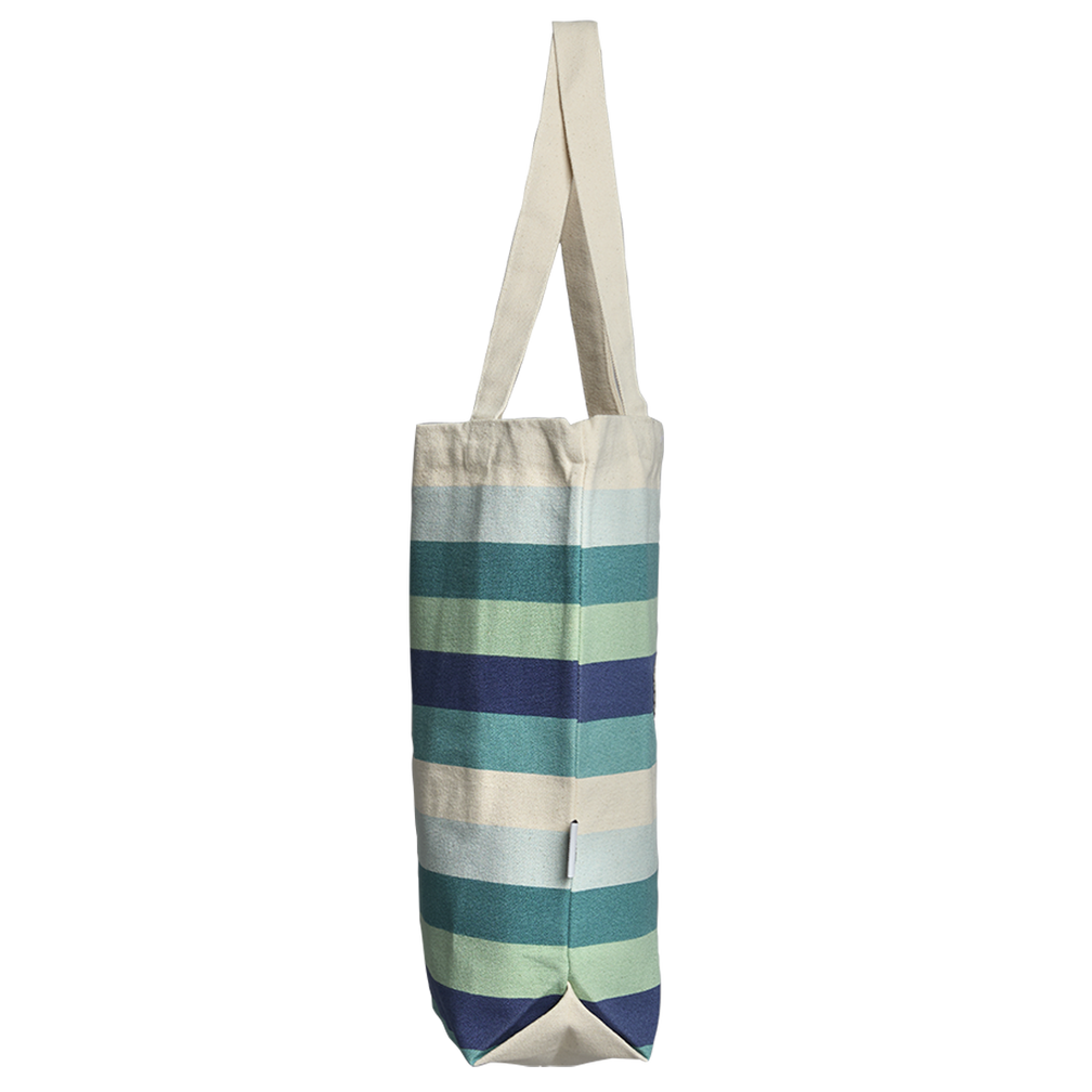 Striped tote bag with a white handle on a white background