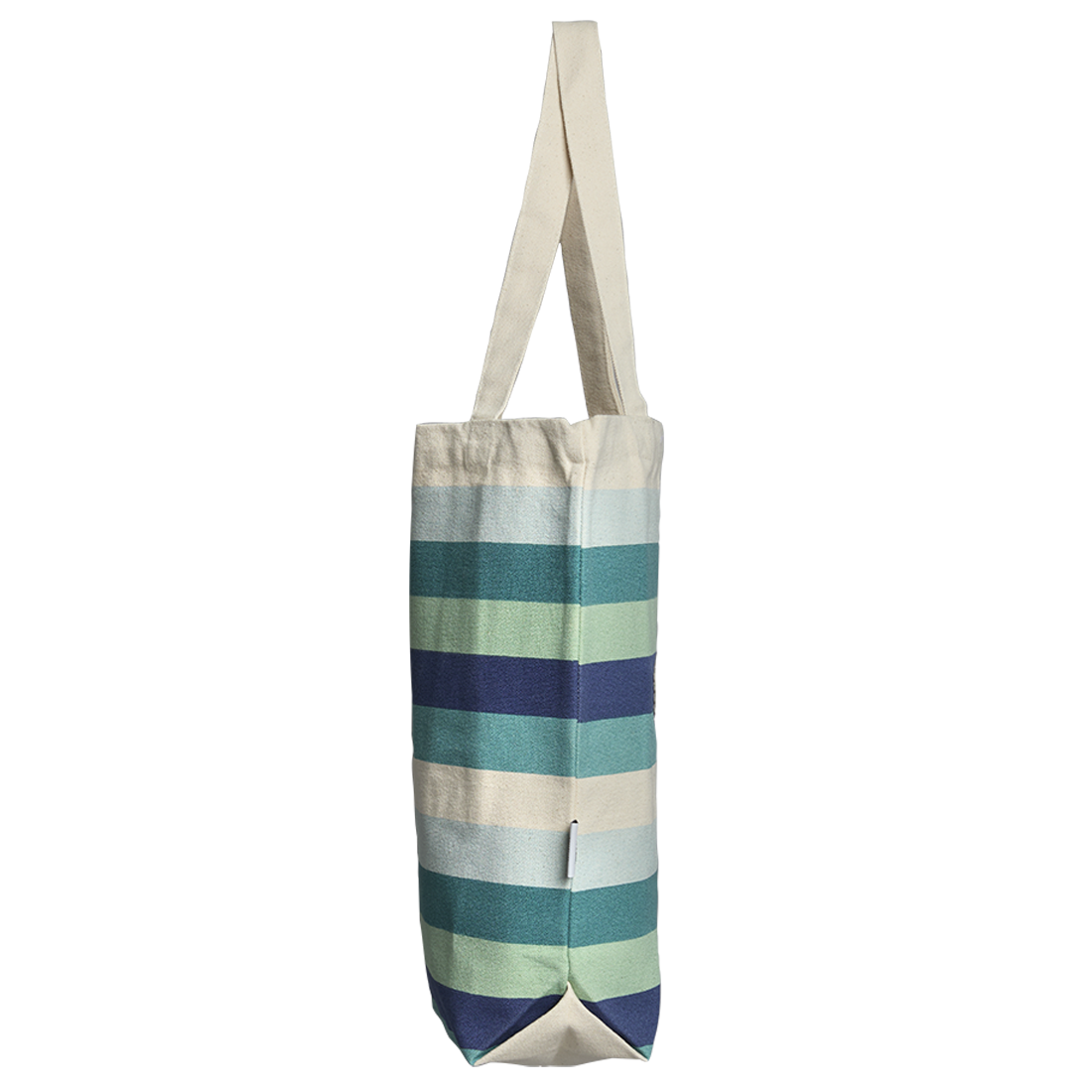 Striped tote bag with a white handle on a white background
