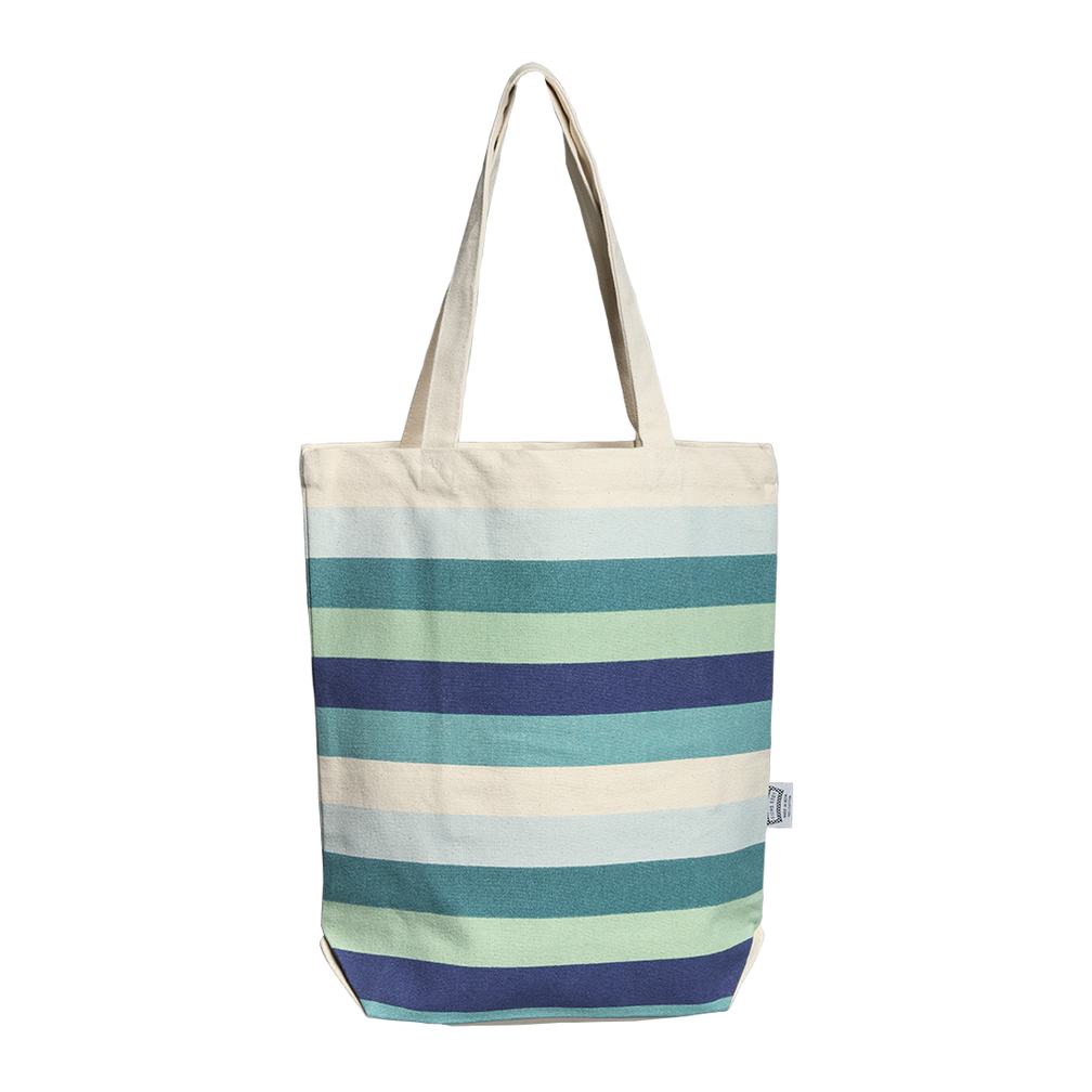 Tote bag with blue and green striped pattern on a white background