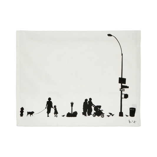 Black and white illustration of people and a dog on a city street with a lamp post.