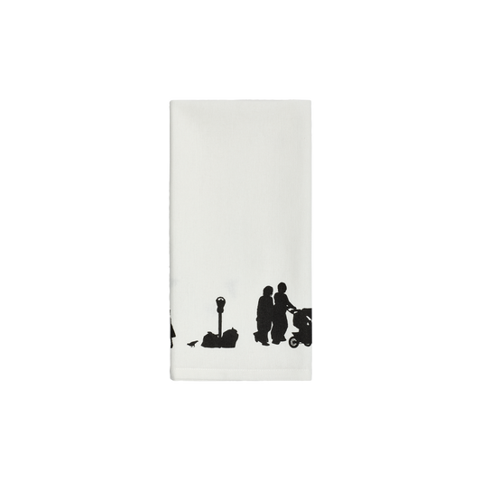 White towel with black silhouette design of people and a scooter on a white background