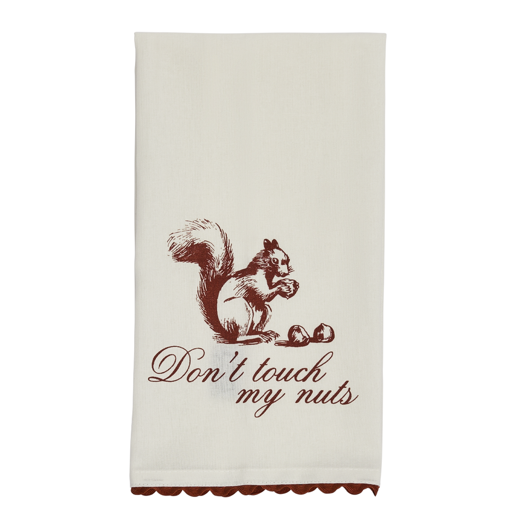 Don’t Touch My Nuts tea towel with red squirrel artwork and scalloped trim, a funny kitchen towel for gifting, drying dishes, and snack styling