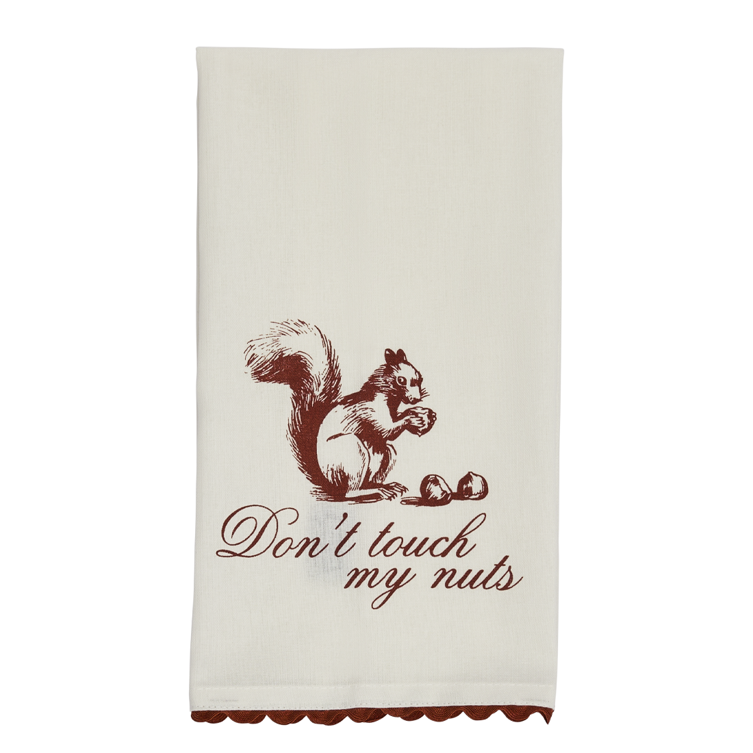 Don’t Touch My Nuts tea towel with red squirrel artwork and scalloped trim, a funny kitchen towel for gifting, drying dishes, and snack styling