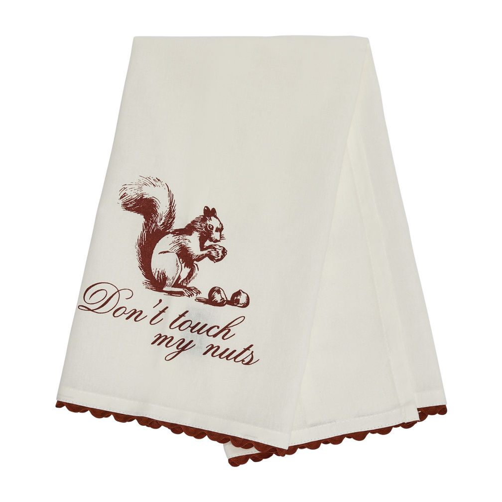 Folded Don’t Touch My Nuts tea towel featuring red squirrel and acorn design, perfect for funny hostess gifts and everyday kitchen use