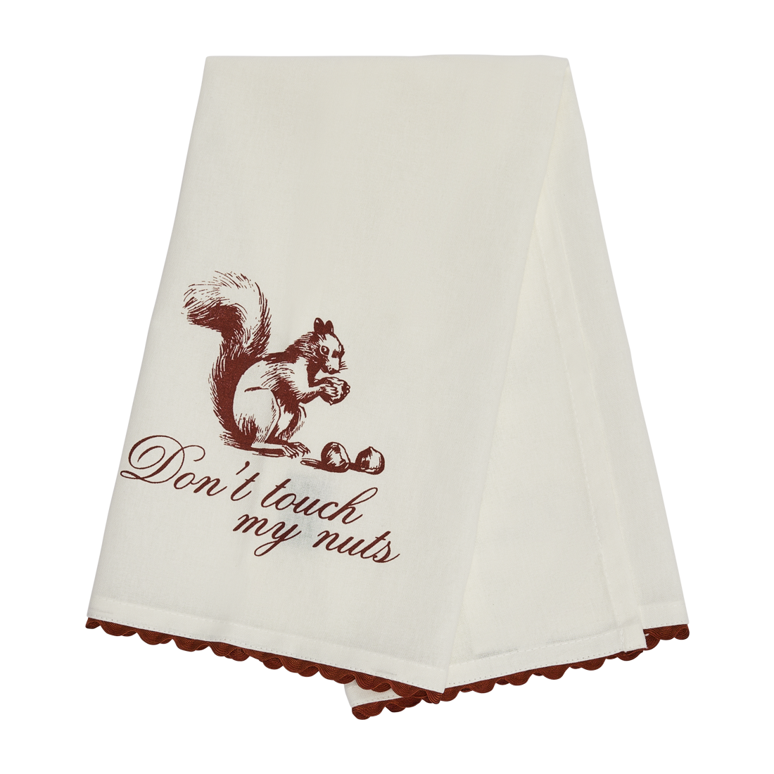 Folded Don’t Touch My Nuts tea towel featuring red squirrel and acorn design, perfect for funny hostess gifts and everyday kitchen use