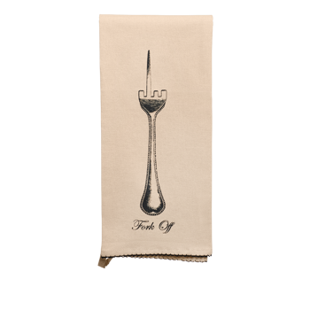 Beige towel with black graphic of a fork and text 'Forks Off' on a white background
