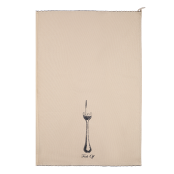 Beige towel with a black and white illustration of a fork and spoon, and text on a beige background