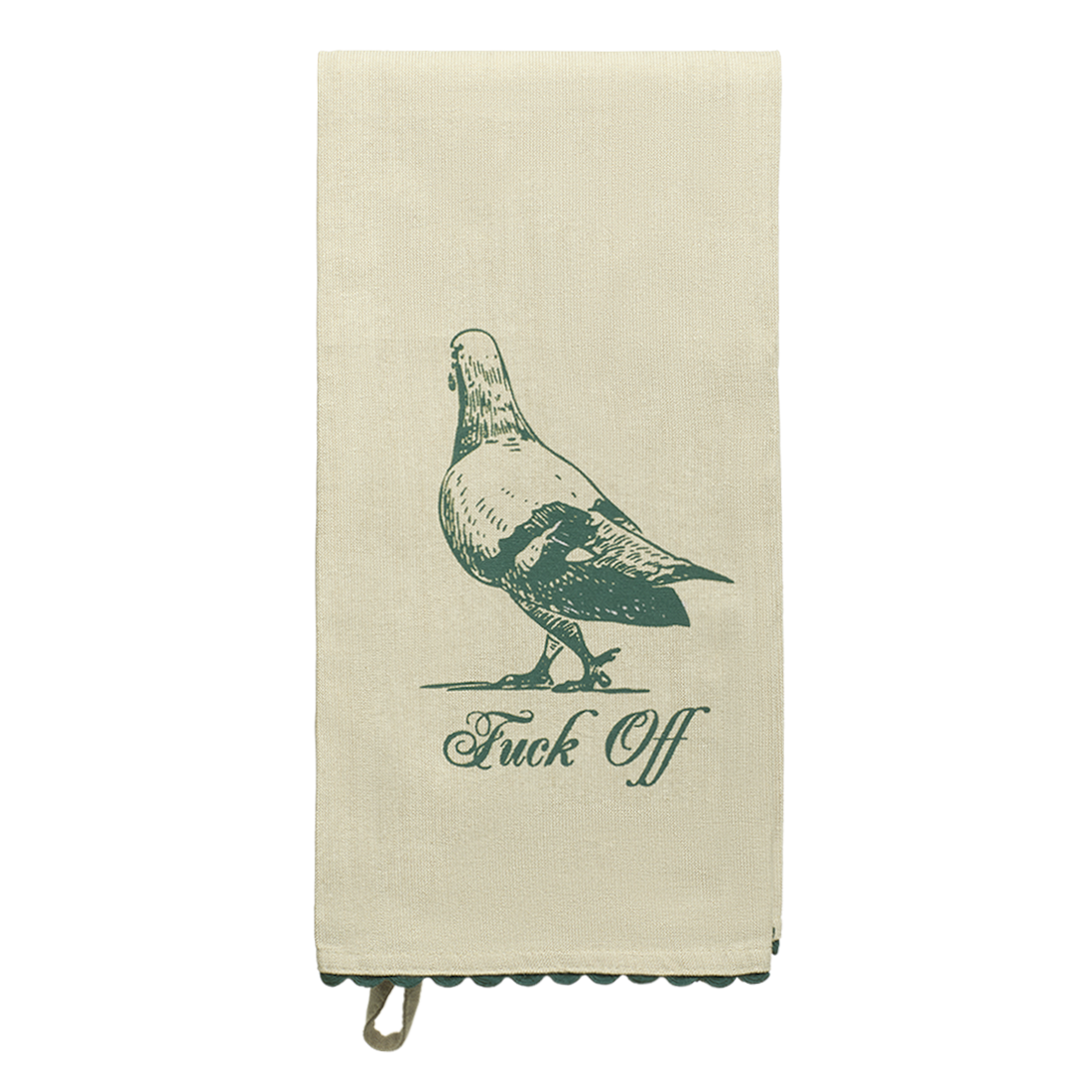 Beige towel with green bird illustration and text on a white background