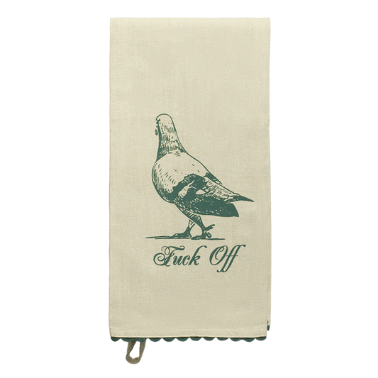 Beige towel with green bird illustration and text on a white background