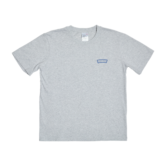 Gray t-shirt with a small logo on a white background