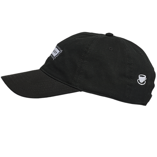 Black cap with a small logo on a white background
