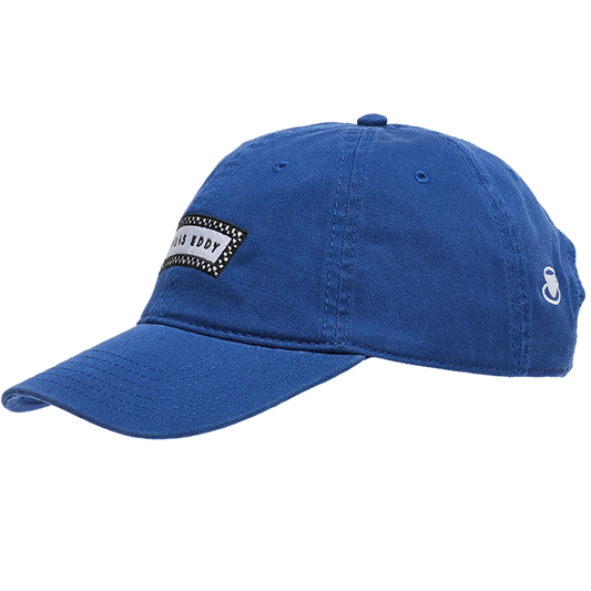 Blue baseball cap with a logo on a white background