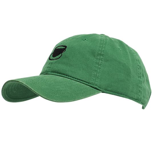 Green baseball cap with a black logo on a white background