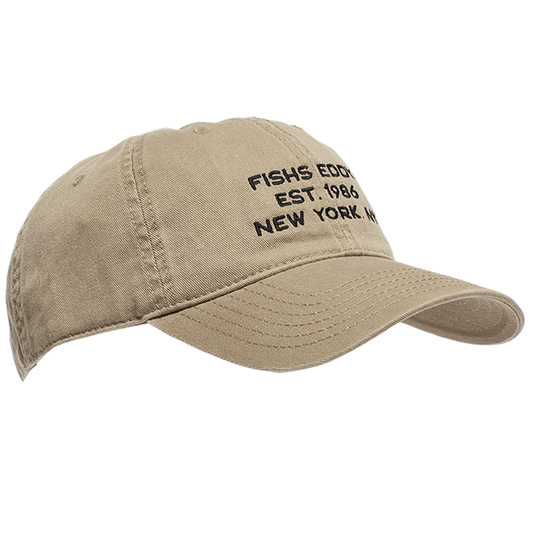 Beige cap with black text on a white background