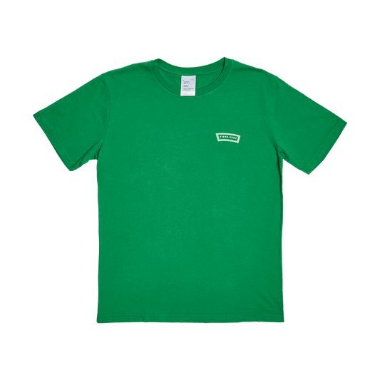 Green t-shirt with a small logo on a white background