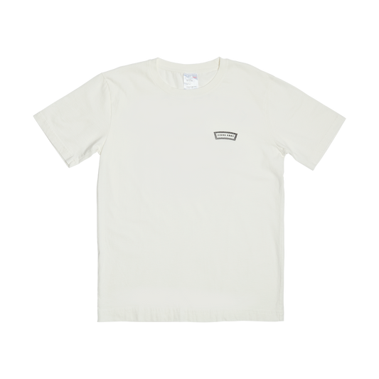 White t-shirt with a small logo on a white background