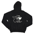 Black hoodie with a white graphic and text on the back against a white background