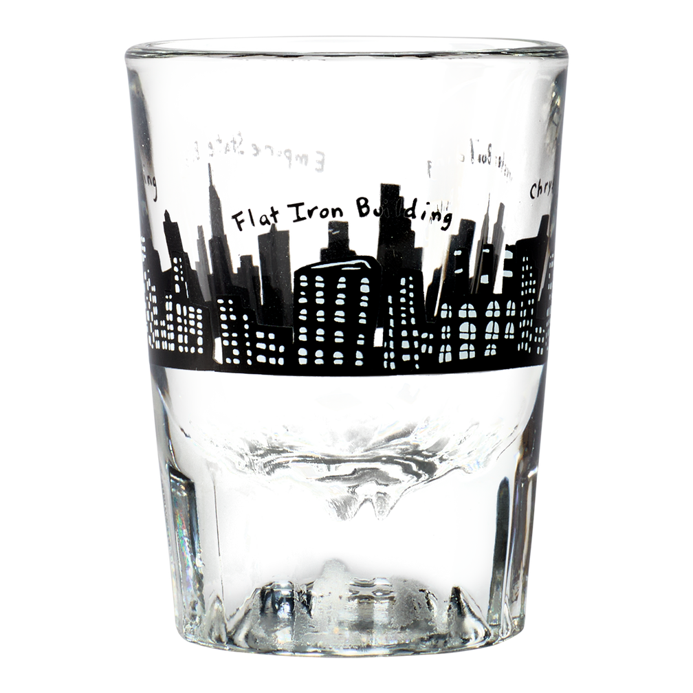 Clear glass tumbler with black city skyline design on a white background