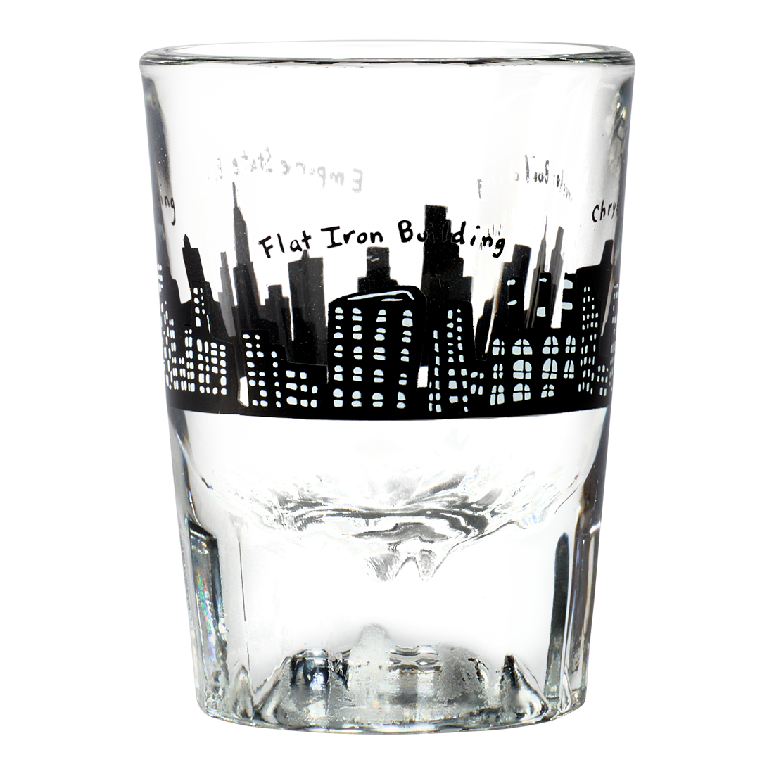 Clear glass tumbler with black city skyline design on a white background